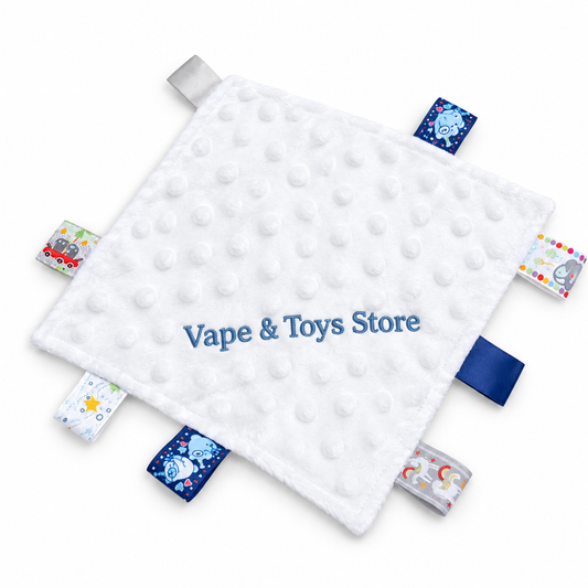 Vape & Toys Store White Baby Taggie Comforter – Blue Sensory Ribbons